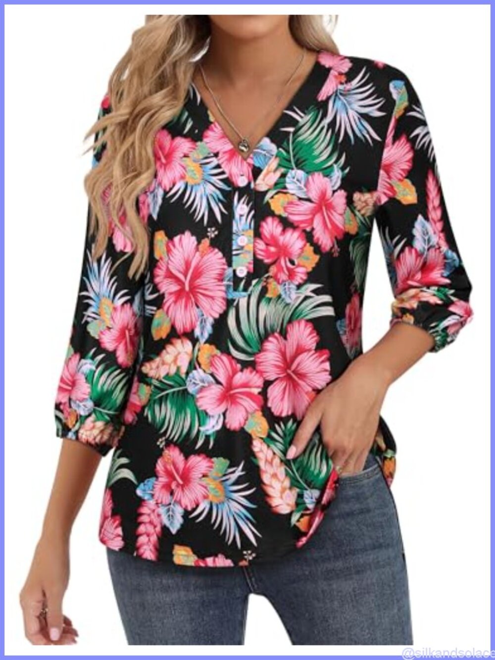 Womens 3/4 Sleeve Hawaiian Shirt V Neck Floral Button Down Tunic Top